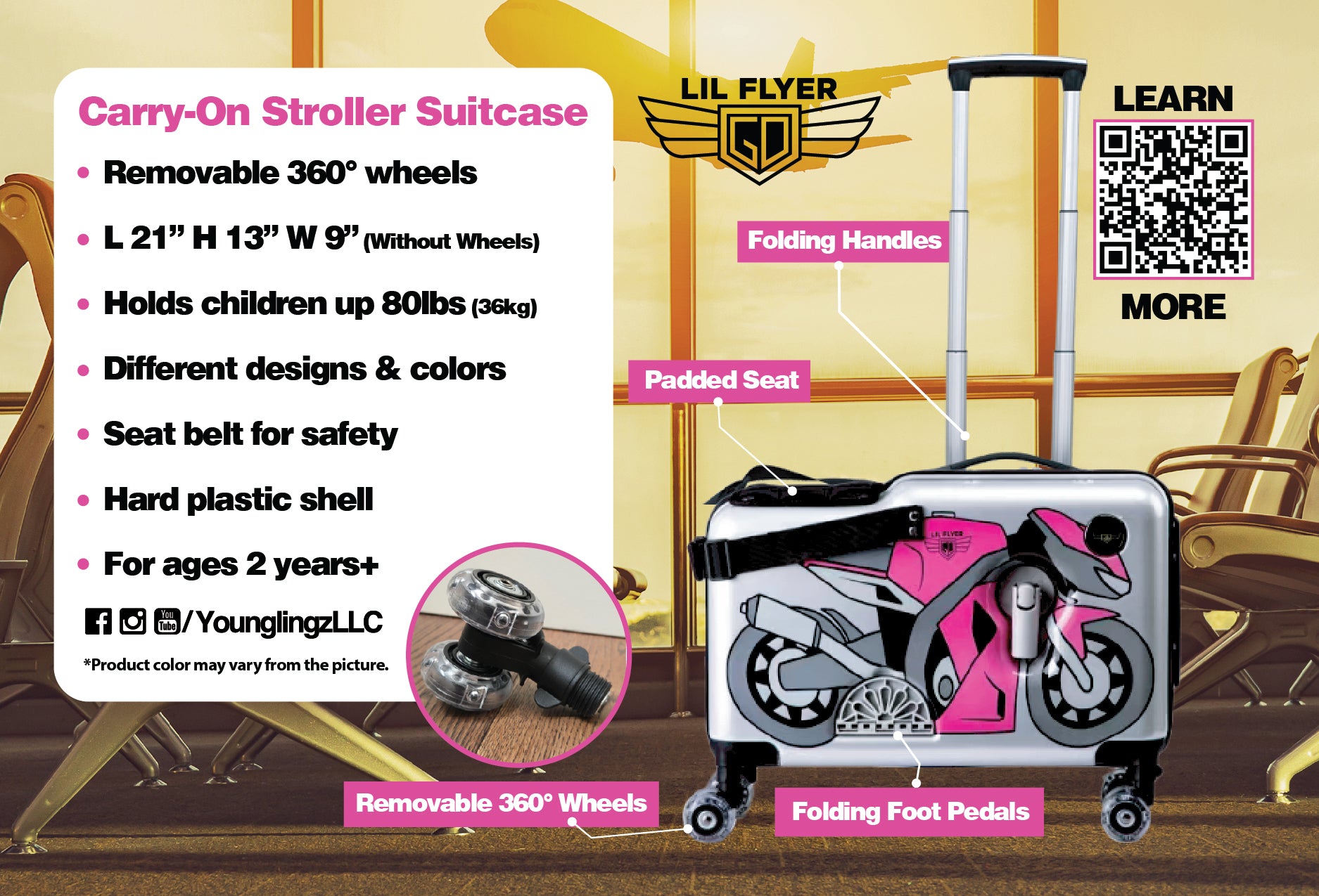 Pink Motorcycle LIL FLYER GO | Pink Luggage for Girls – Younglingz