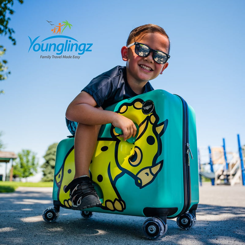 Younglingz Lil Flyer 20 kid ride on suitcase child stroller spinner  luggage (Green Motorcycle)
